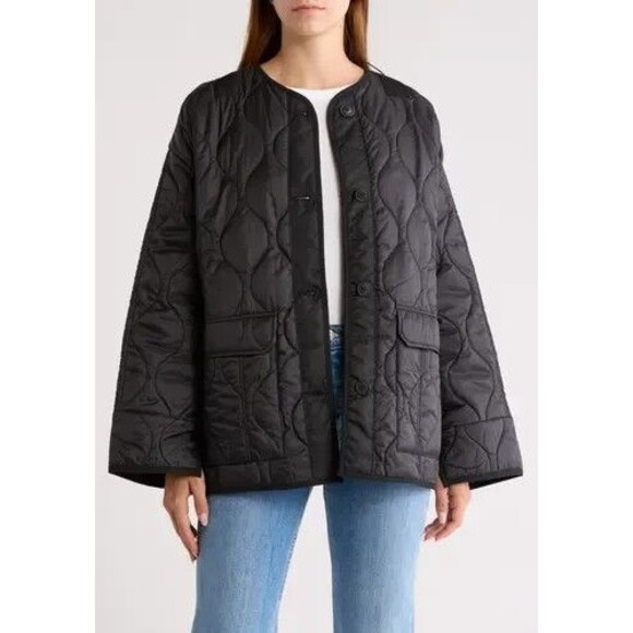 Hudson Women Large Quilted Spring Fall Collarless Jacket Black oversized liner - Picture 1 of 12